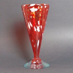 Hand Blown Cone Shaped Conical Red Art Glass Vase 7" Tall Red/White Spatter